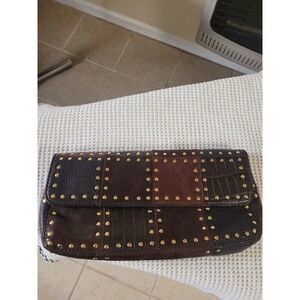 Michael Kors Studded Patchwork Leather Clutch Handbag Brown Gold Hippie Style
